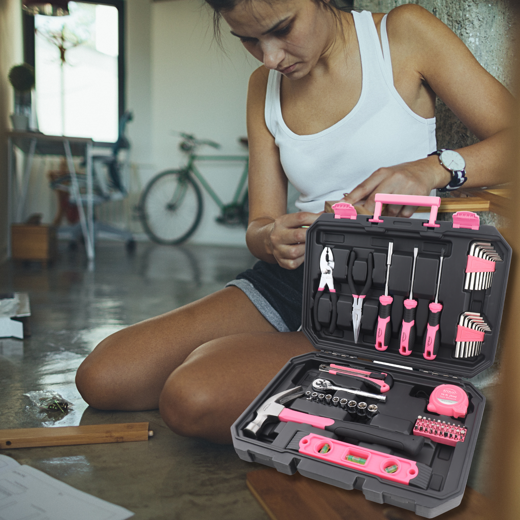 Essential 65-Piece Pink Tool Set with Socket Set and Most-Used Tools for Do it Yourself Repairs and Maintenance - DT0001P