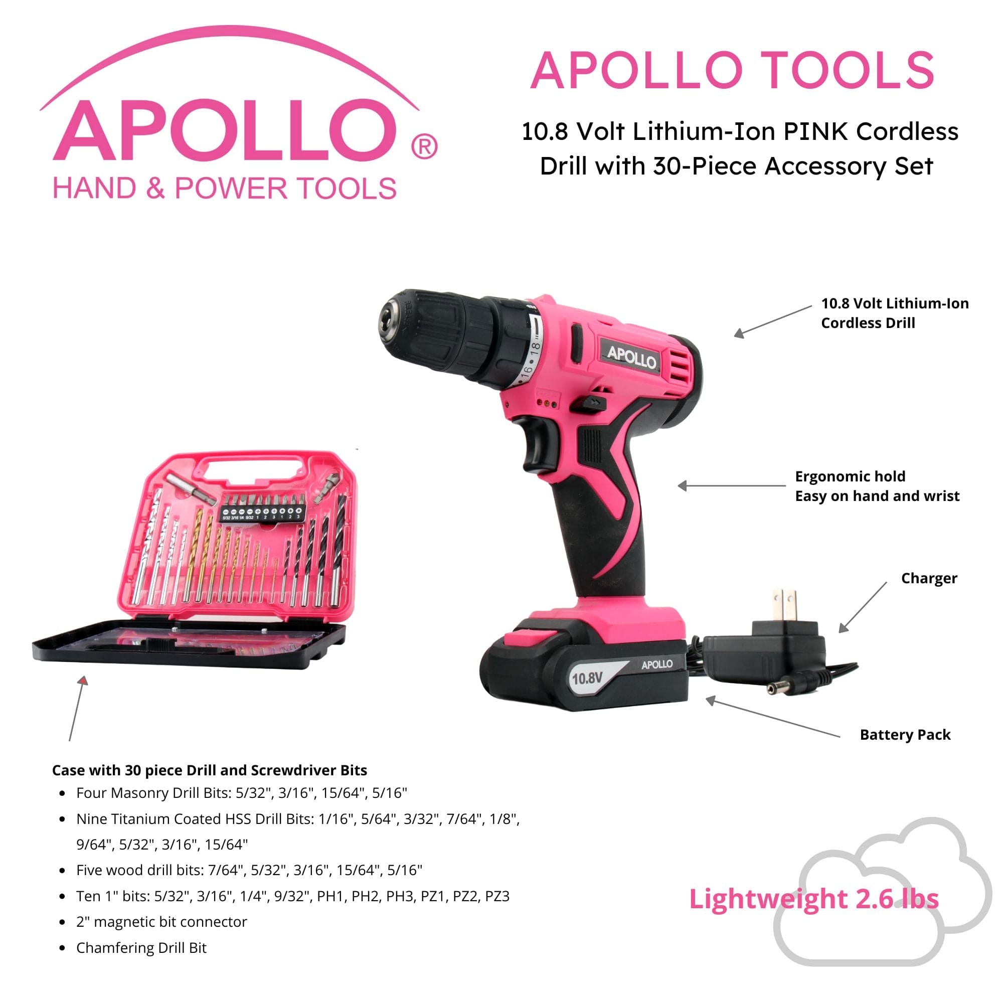 10.8 Volt Lithium-Ion Cordless Drill with 30 Piece Accessory Set PINK - DT4937P