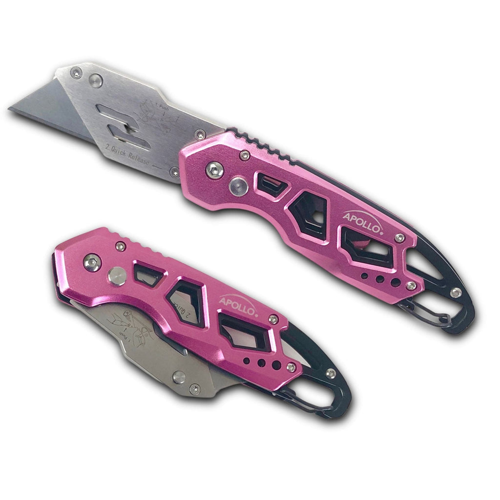 Ergonomic Stainless Steel, Lightweight, Foldable Pink Utility Knife with Carabiner Clip and Fast-Change Blade - DT5017P