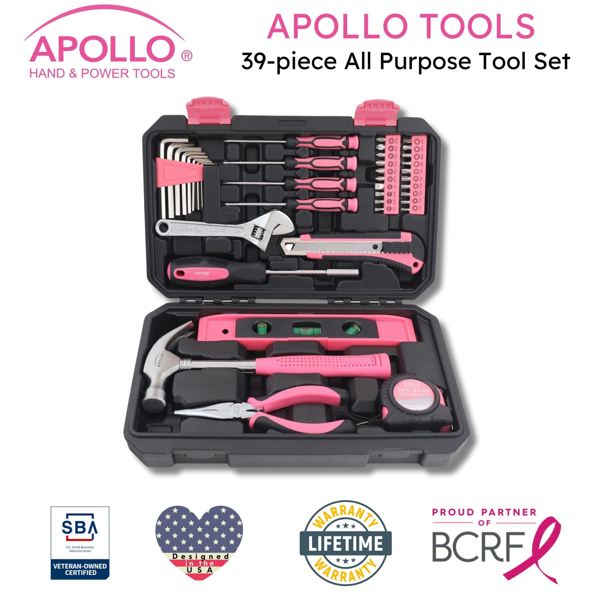 Apollo Tools New and Improved 39 Piece General Pink Tool Set in Storage Case for DIY Everyday Home Maintenance and Repairs- DT9711P
